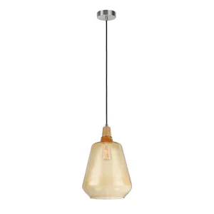 # 61051-1 Adjustable One-Light Hanging Mini Pendant Ceiling Light, Transitional Design in Satin Nickel Finish, Amber Glass Shade, 9 1/4" Wide