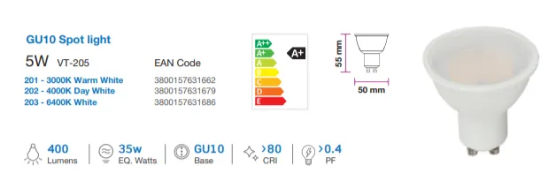 10 x V-TAC GU10 Samsung Chip 5 Watt LED Spotlight