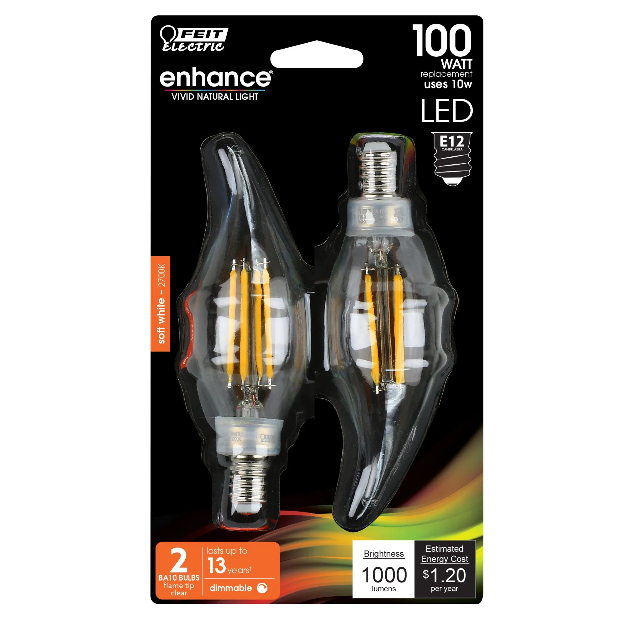 10W (100W Replacement) Soft White (2700K) E12 Base BA10 Flame Tip Filament LED Light Bulb (2-Pack)