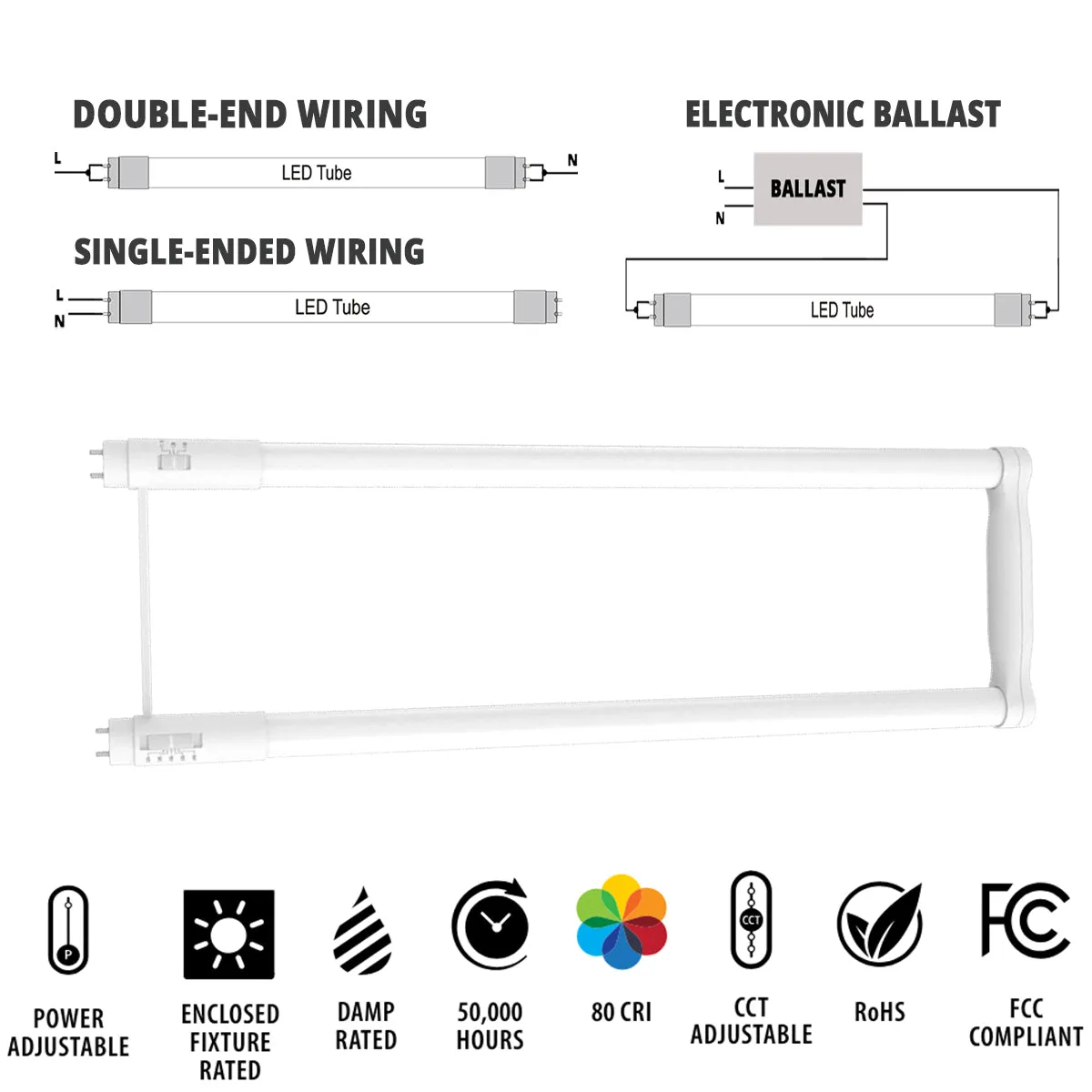 12 Pack - T8 U Bend LED Bulb U6, 12W|13W|15W, 2200 Lumens, 3000K to 6000K, Type A B