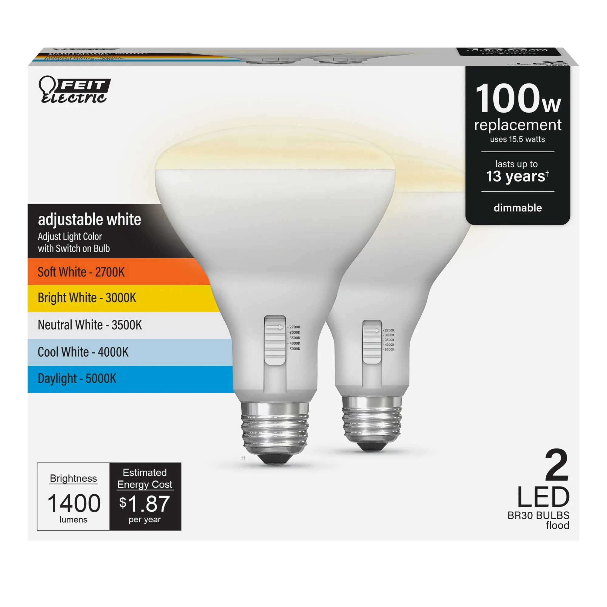 15.5W (100W Replacement) Adjustable White E26 Base Dimmable BR30 LED Bulb (2-Pack)