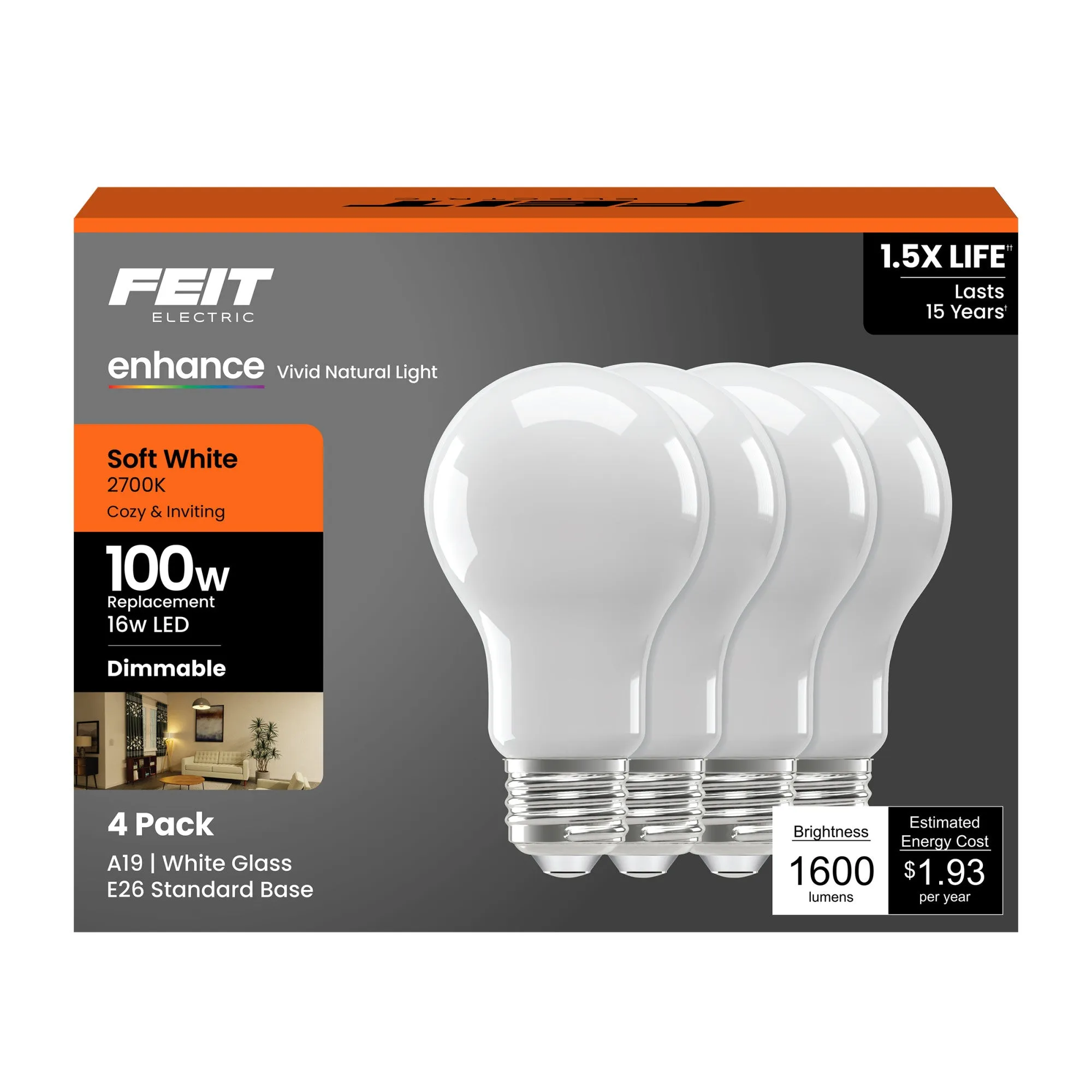 16W (100W Replacement) Soft White (2700K) A19 Enhance Dimmable Glass Filament General Purpose LED (4-Pack)