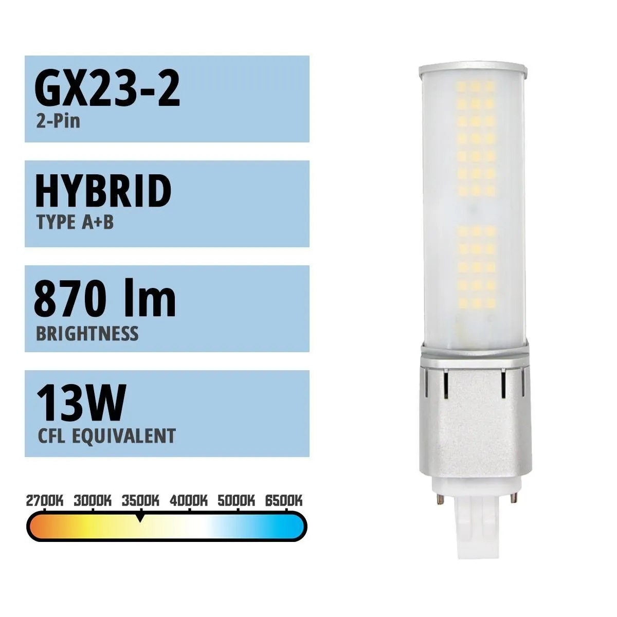 2 pin PL LED Bulb, 7W, 870lm, 3500K, Horizontal, 13W CFL Equal, GX23-2 Base, Direct Or Bypass