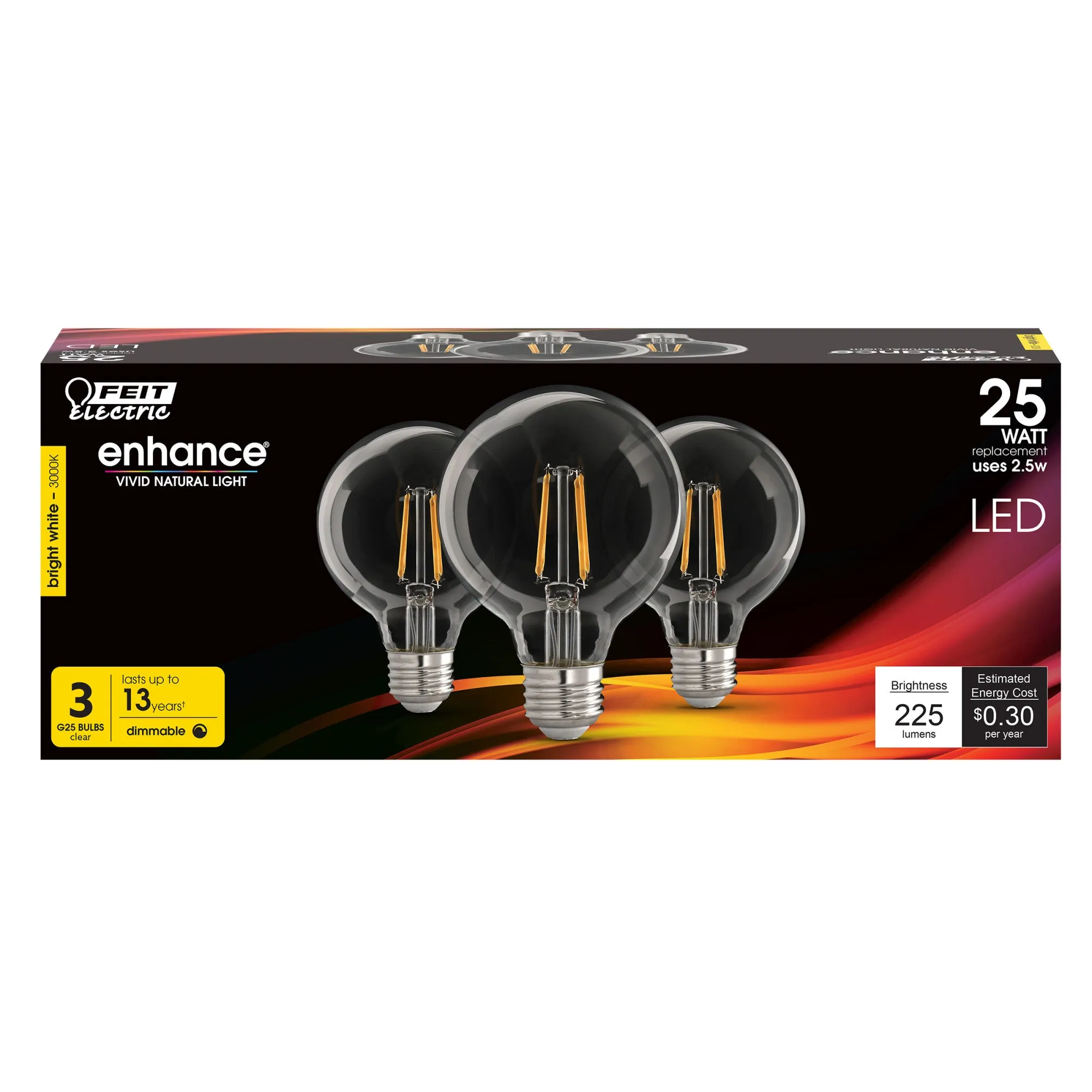 2.5W (25W Replacement) Bright White (3000K) E26 Base G25 Clear Filament LED Bulb (3-Pack)