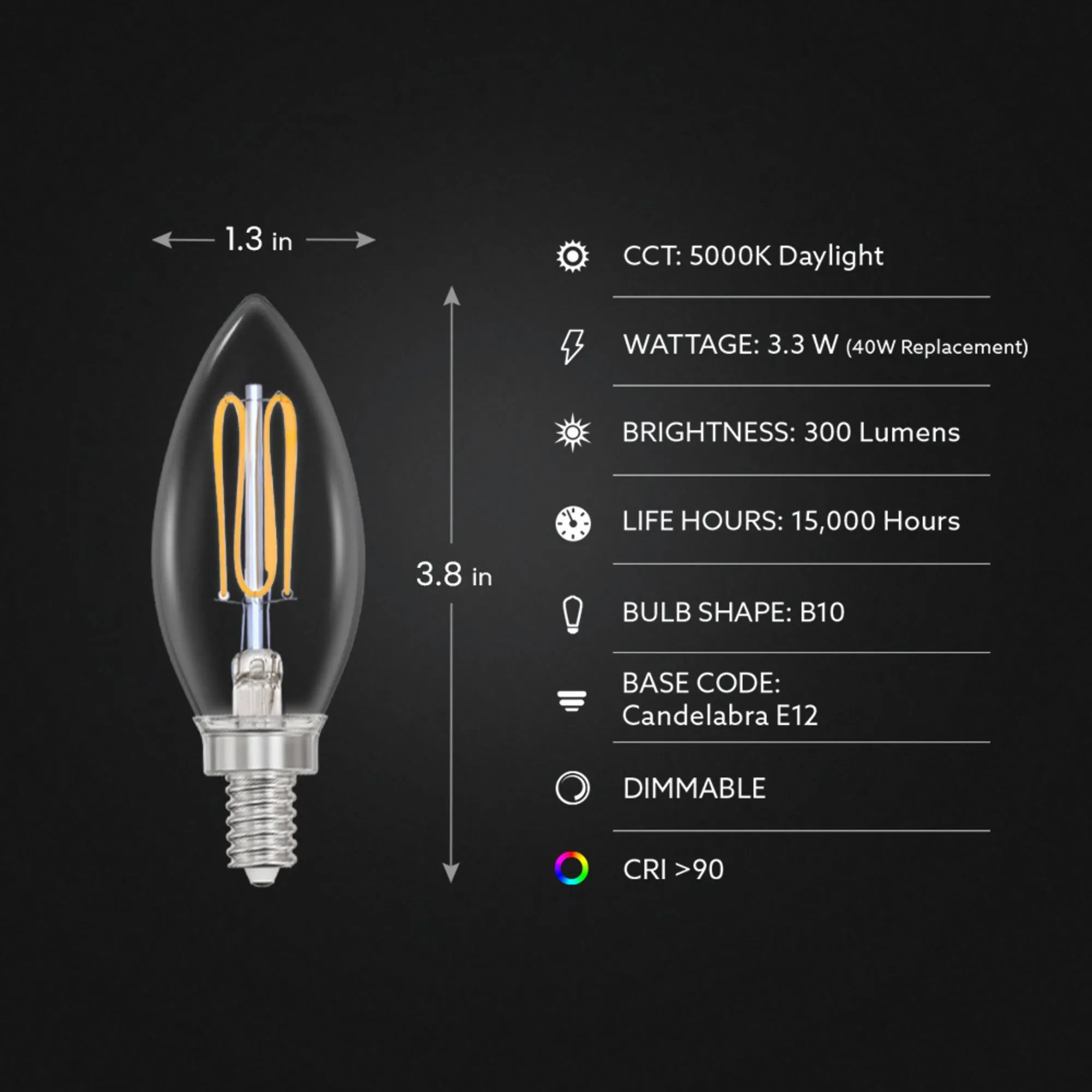 3.3W (40W Equivalent) Daylight White (5000K) E12 Candelabra Base Dimmable Thin Filament Clear Glass Chandelier LED Light Bulb (2-Pack)