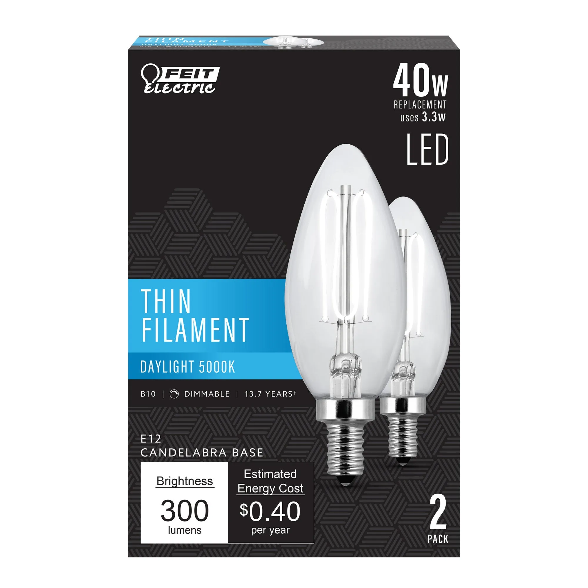 3.3W (40W Equivalent) Daylight White (5000K) E12 Candelabra Base Dimmable Thin Filament Clear Glass Chandelier LED Light Bulb (2-Pack)