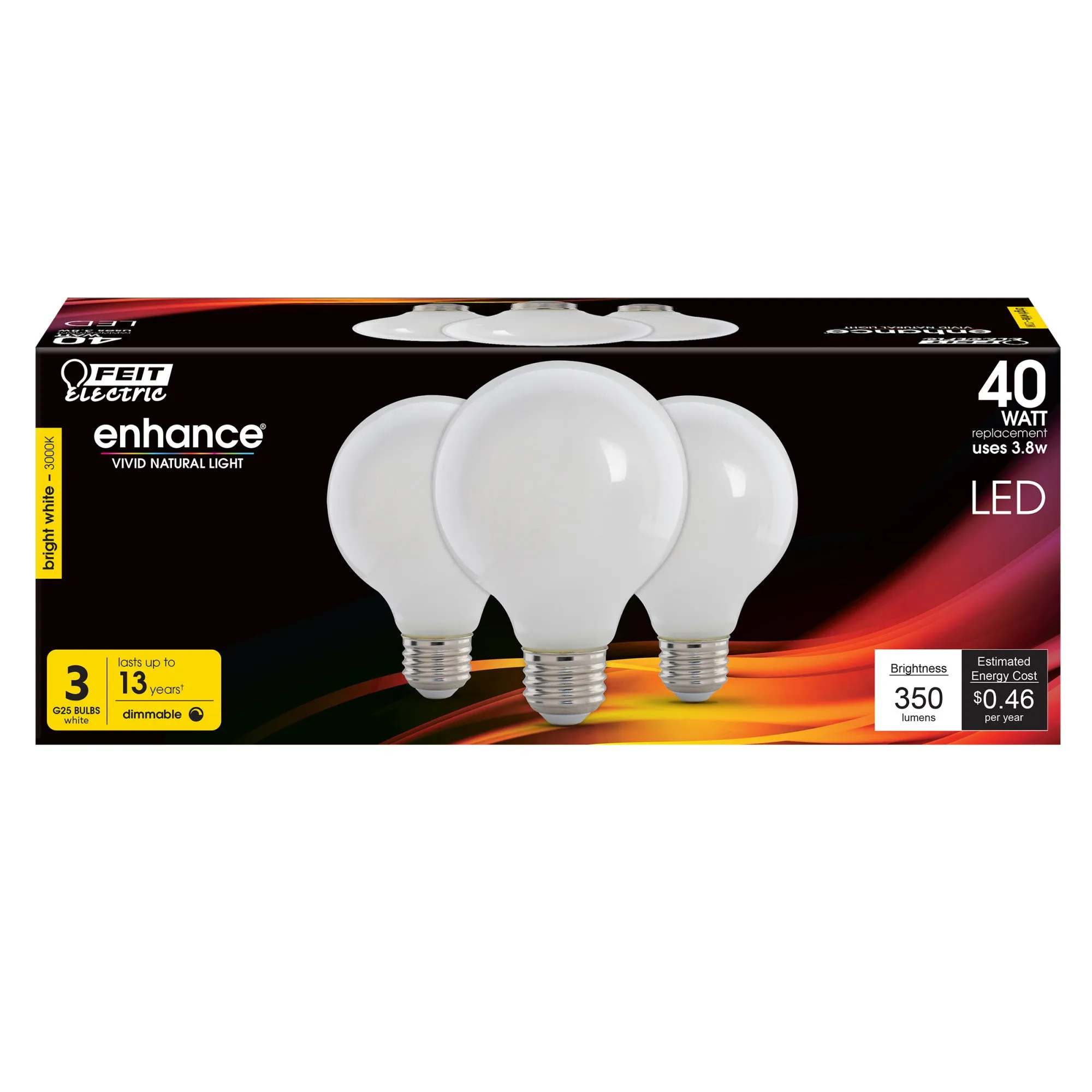 3.8W (40W Replacement) Bright White (3000K) G25 E26 Base Dimmable Enhance Frost Filament LED (3-Pack)