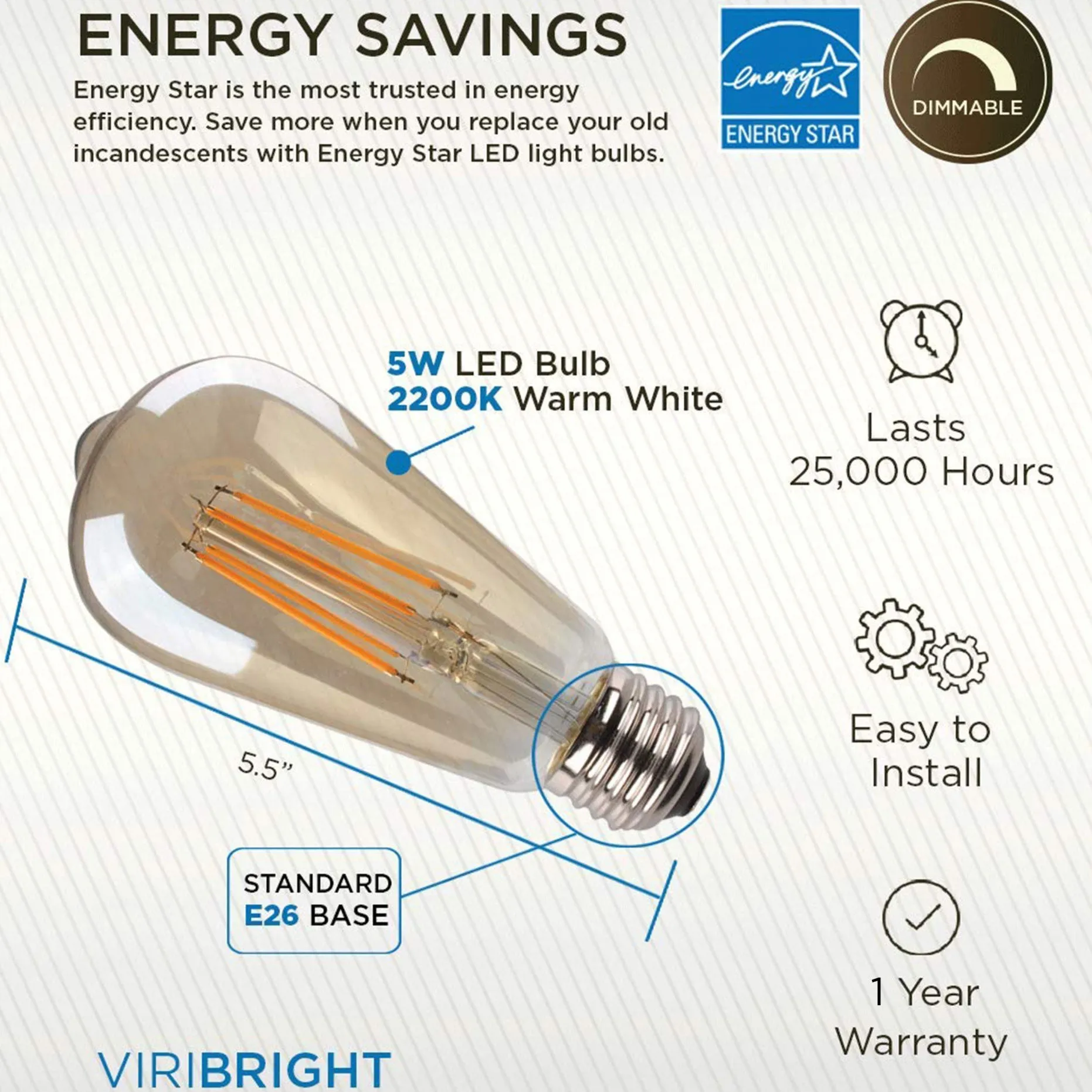 40-Watt Equivalent ST19 E26 LED Edison Light Bulb, 2200K Amber