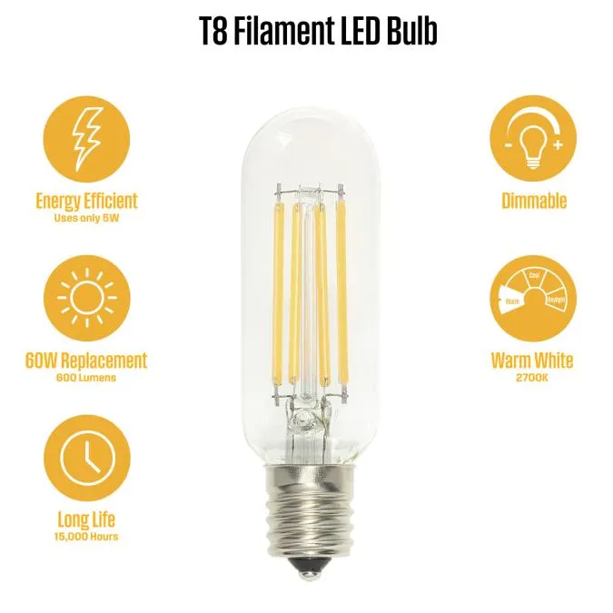 5W T8 Filament LED Dimmable Clear 2700K E17 (Intermediate) Base