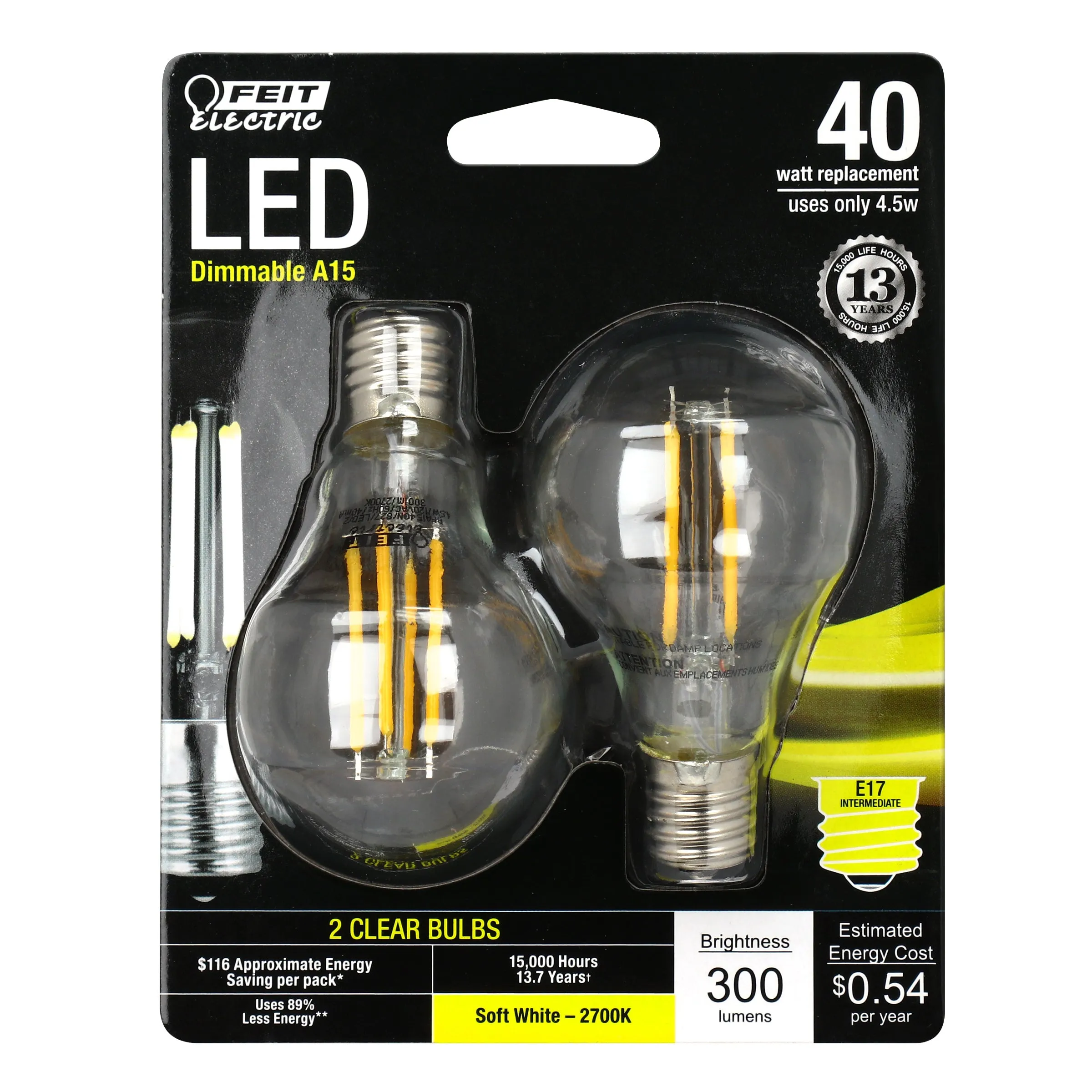 A15 LED Bulbs, E17, Candelabra Base Filament, Dimmable, Intermediate Base, Decorative Bulb, 2 Pack