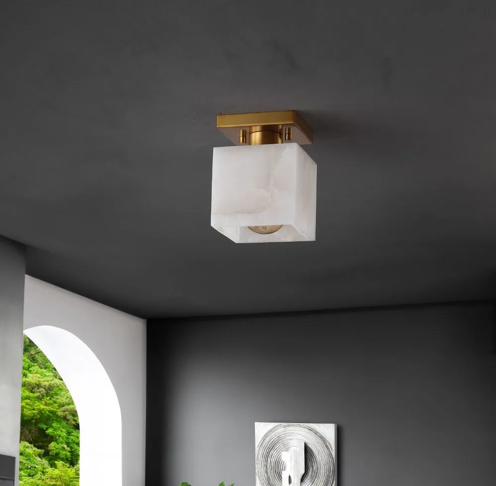 Alabaster 5" 1-Light Modern Contemporary Alabaster/Iron Cube LED Semi Flush Mount