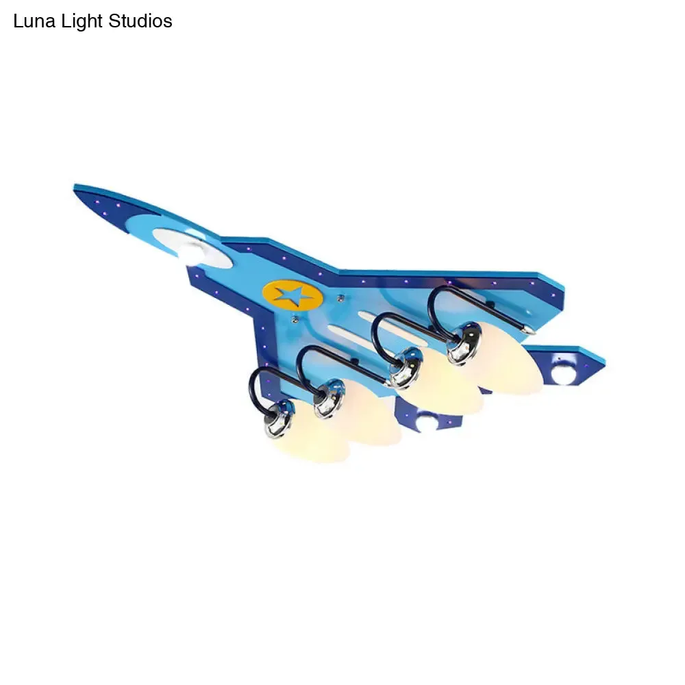 Blue Cartoon Plane Close-to-Ceiling Flushmount Lamp with Warm/White Lighting - 3/5 Bulb Wooden Design