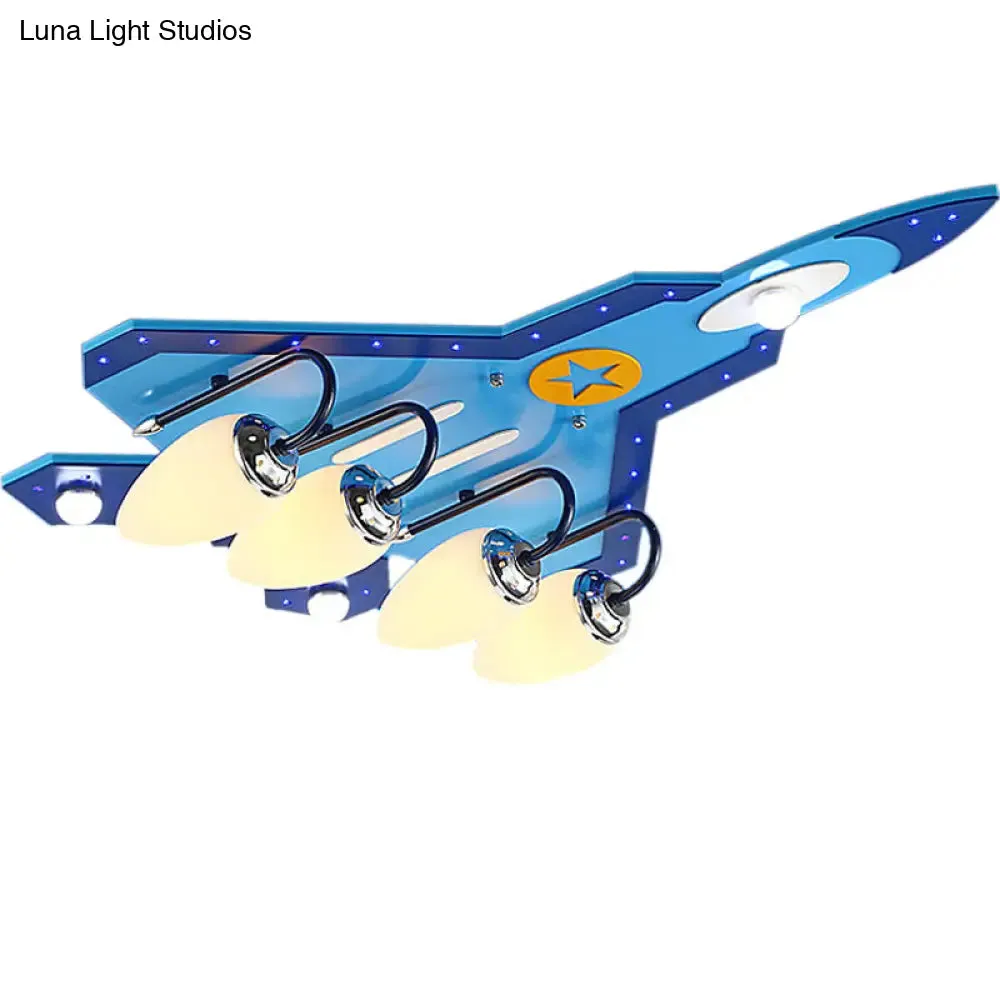 Blue Cartoon Plane Close-to-Ceiling Flushmount Lamp with Warm/White Lighting - 3/5 Bulb Wooden Design