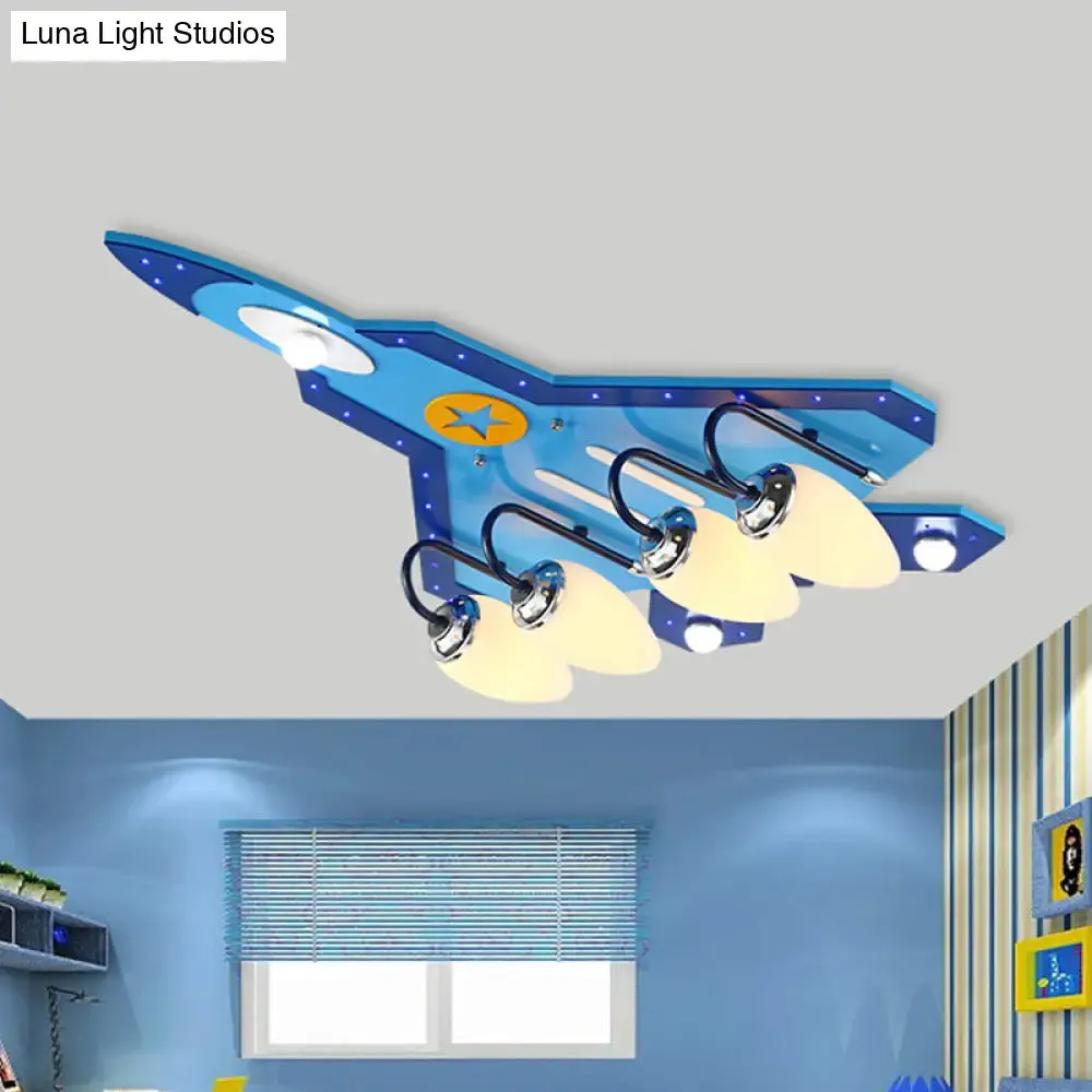 Blue Cartoon Plane Close-to-Ceiling Flushmount Lamp with Warm/White Lighting - 3/5 Bulb Wooden Design