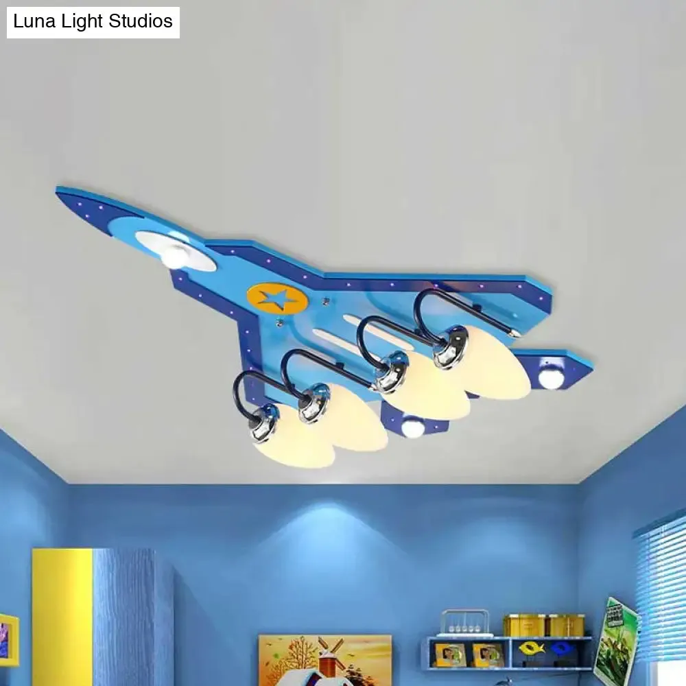 Blue Cartoon Plane Close-to-Ceiling Flushmount Lamp with Warm/White Lighting - 3/5 Bulb Wooden Design