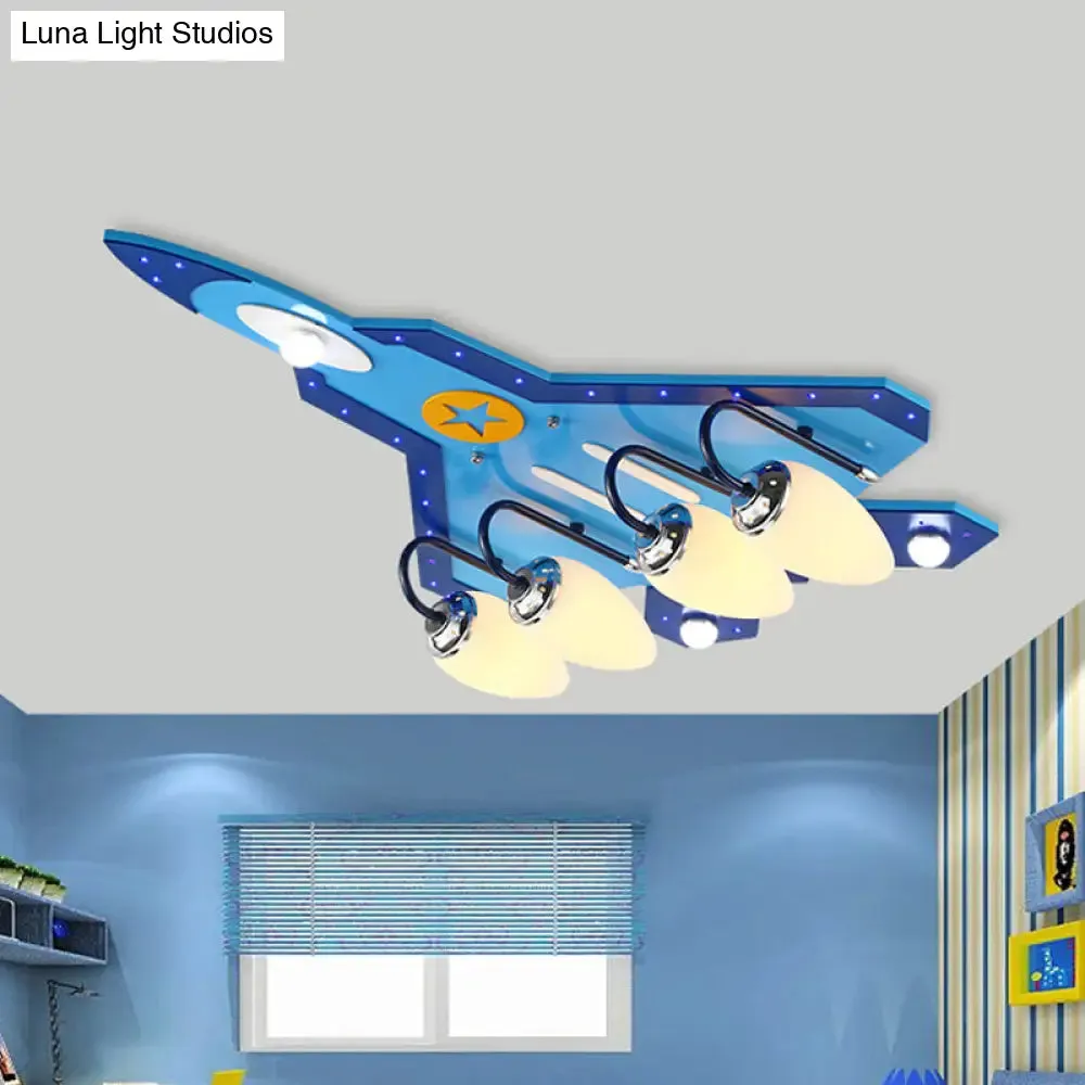 Blue Cartoon Plane Close-to-Ceiling Flushmount Lamp with Warm/White Lighting - 3/5 Bulb Wooden Design