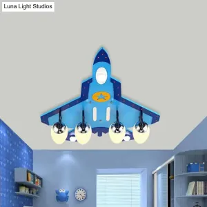 Blue Cartoon Plane Close-to-Ceiling Flushmount Lamp with Warm/White Lighting - 3/5 Bulb Wooden Design