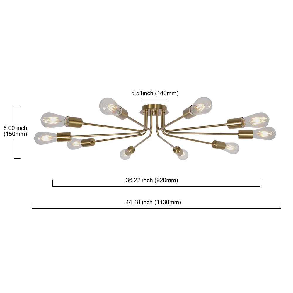 BONLICHT  10 Light Sputnik Chandelier Mid Century Brass Industrial Flush Mount Ceiling Light