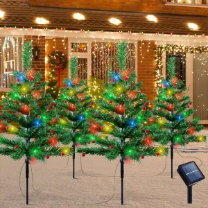 classic Christmas Decorations Outdoor 4 Pack Solar Christmas Tree with 80pcs Multi-Color C6 Snowflake Led Lights 8 Lighting Modes Waterproof Pathway Lights for Outside Garden and Yard Patio 4 Red Fruit Lights