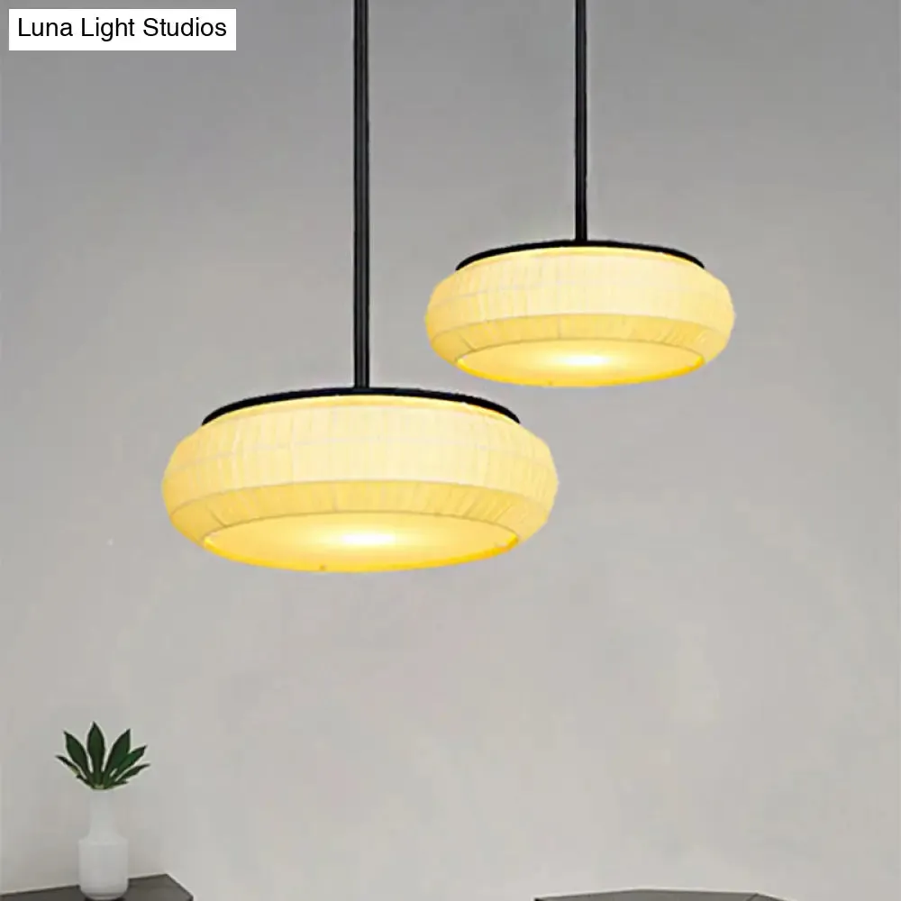 Classic White Hanging Ceiling Light with Round Fabric Shade - 1 Light Pendant for Living Room, 16"/19.5" Wide