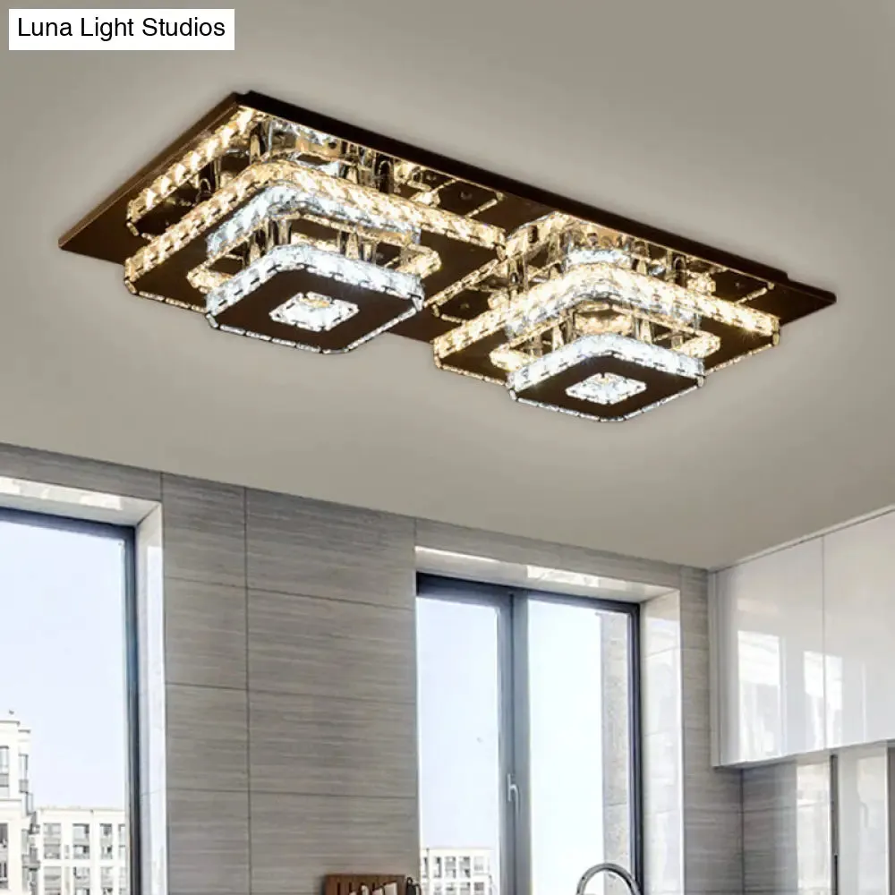 Contemporary 2-Tier Crystal Ceiling Fixture - 12"/26.5" Wide Stainless-Steel LED Flush Mount Lighting