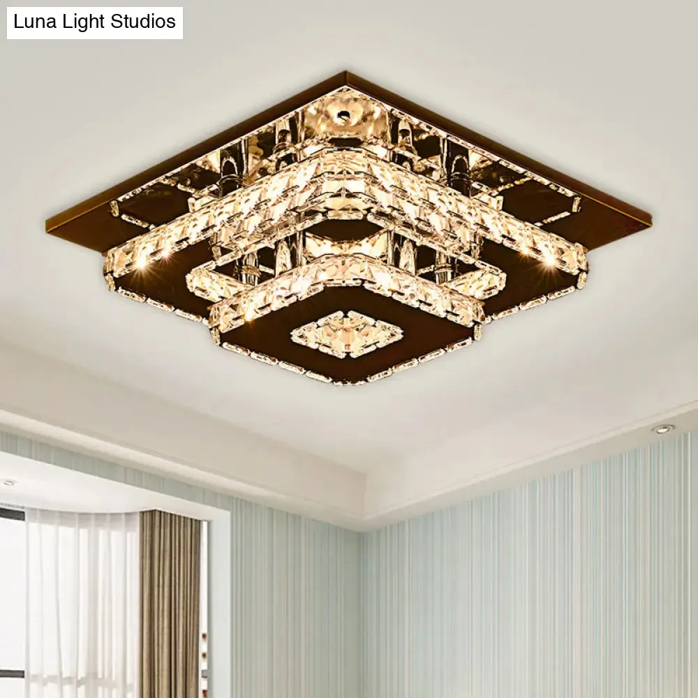 Contemporary 2-Tier Crystal Ceiling Fixture - 12"/26.5" Wide Stainless-Steel LED Flush Mount Lighting