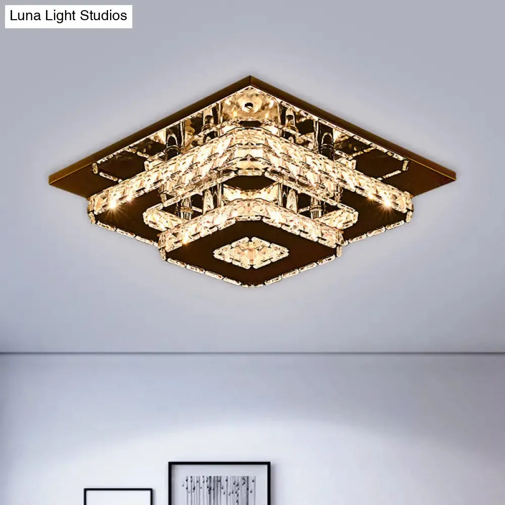 Contemporary 2-Tier Crystal Ceiling Fixture - 12"/26.5" Wide Stainless-Steel LED Flush Mount Lighting