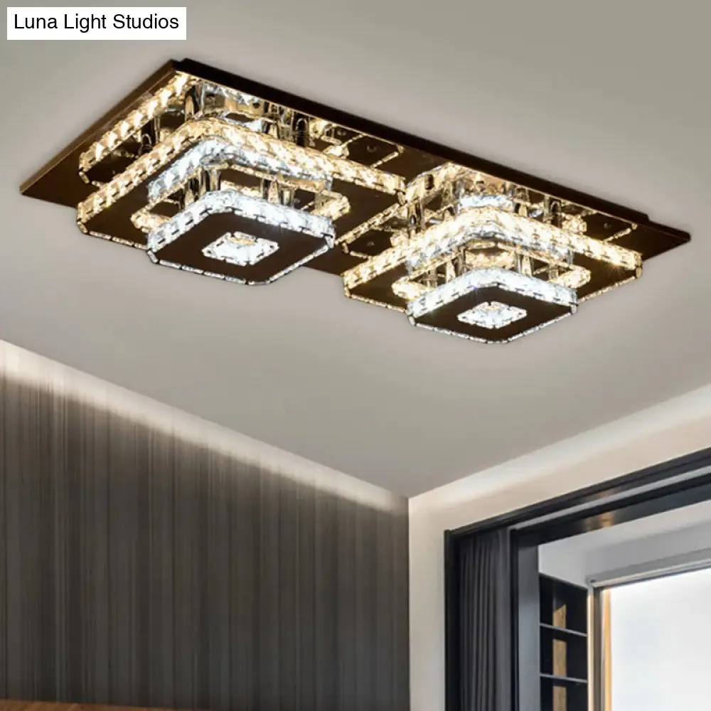 Contemporary 2-Tier Crystal Ceiling Fixture - 12"/26.5" Wide Stainless-Steel LED Flush Mount Lighting