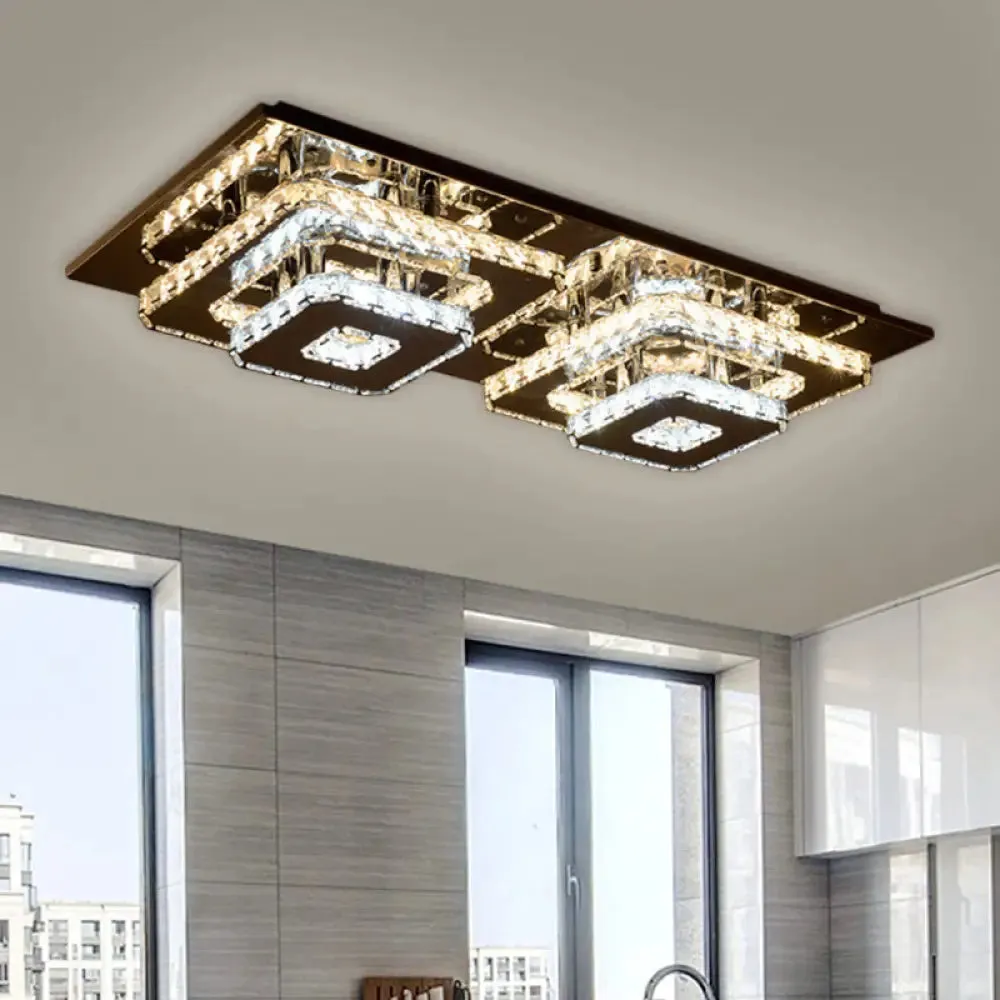 Contemporary 2-Tier Crystal Ceiling Fixture - 12"/26.5" Wide Stainless-Steel LED Flush Mount Lighting