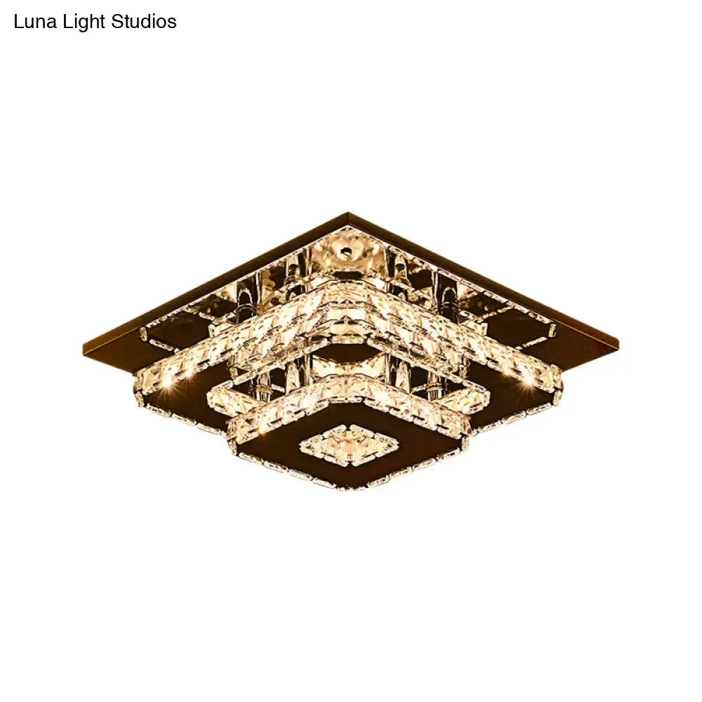 Contemporary 2-Tier Crystal Ceiling Fixture - 12"/26.5" Wide Stainless-Steel LED Flush Mount Lighting