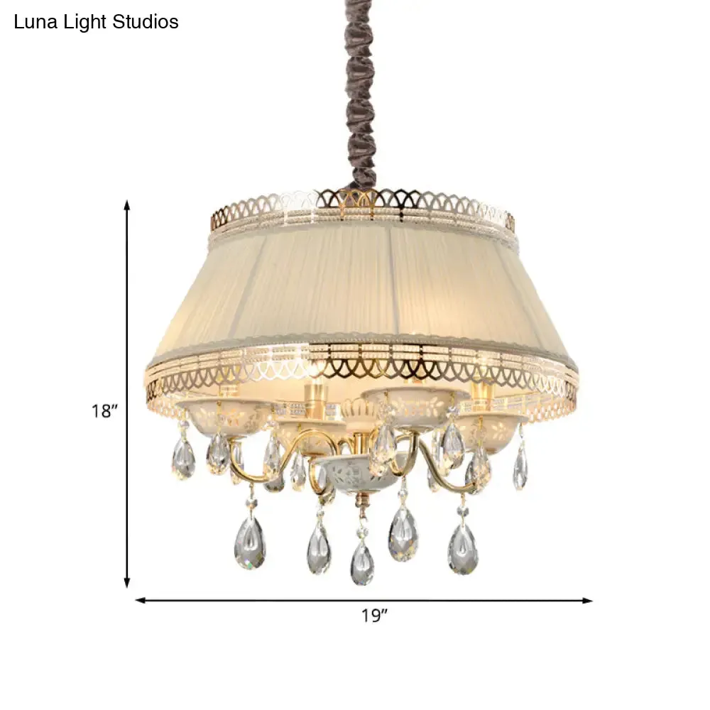 Contemporary 4-Bulb Pendant Chandelier with Beige Fabric Drum Shade and Crystal Down Lighting