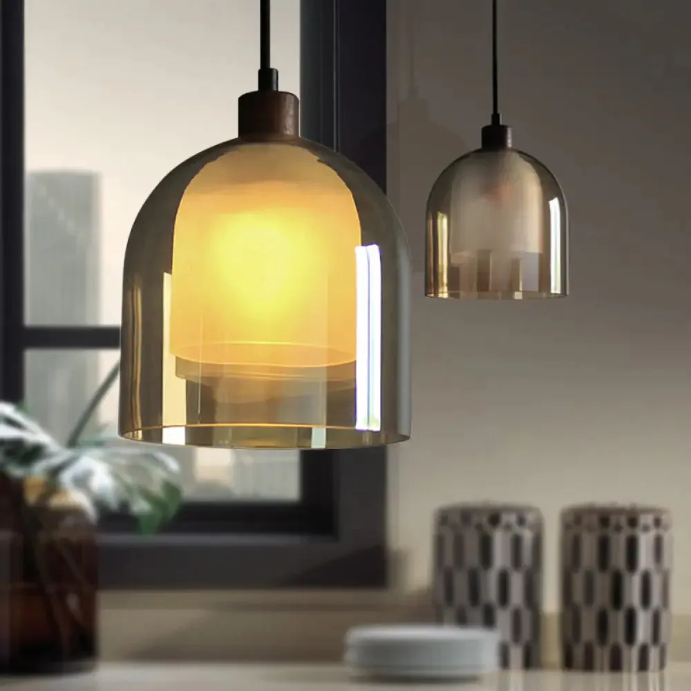 Contemporary Amber Glass Bell Pendant Light with Bronze Ceiling Lamp – Inner Glass Shade