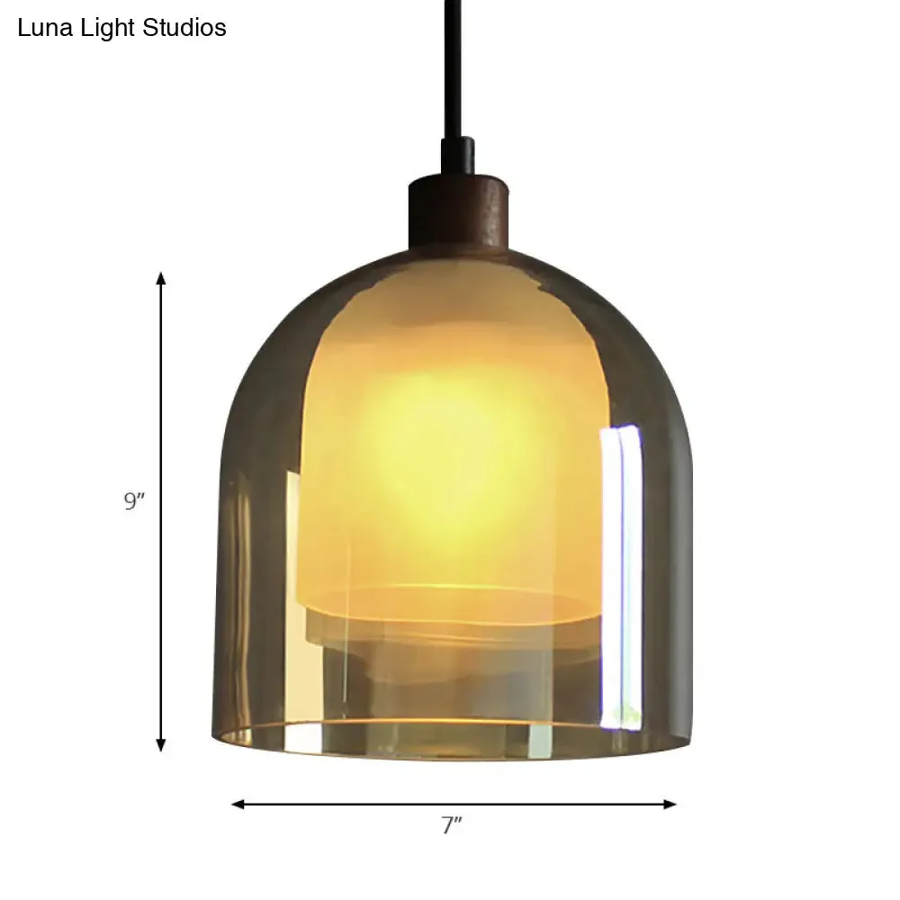 Contemporary Amber Glass Bell Pendant Light with Bronze Ceiling Lamp – Inner Glass Shade