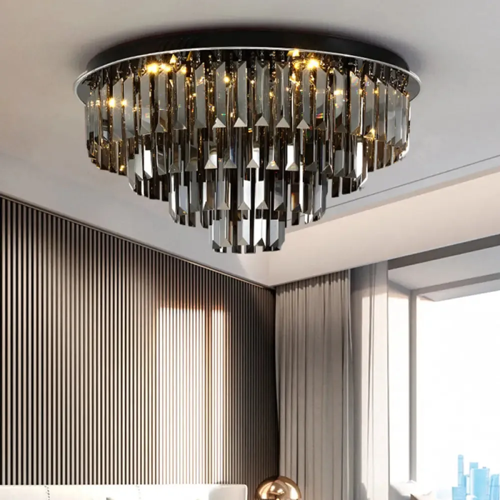 Contemporary Crystal LED Ceiling Mount Light - Smoke Gray Layered Design for Dining Room