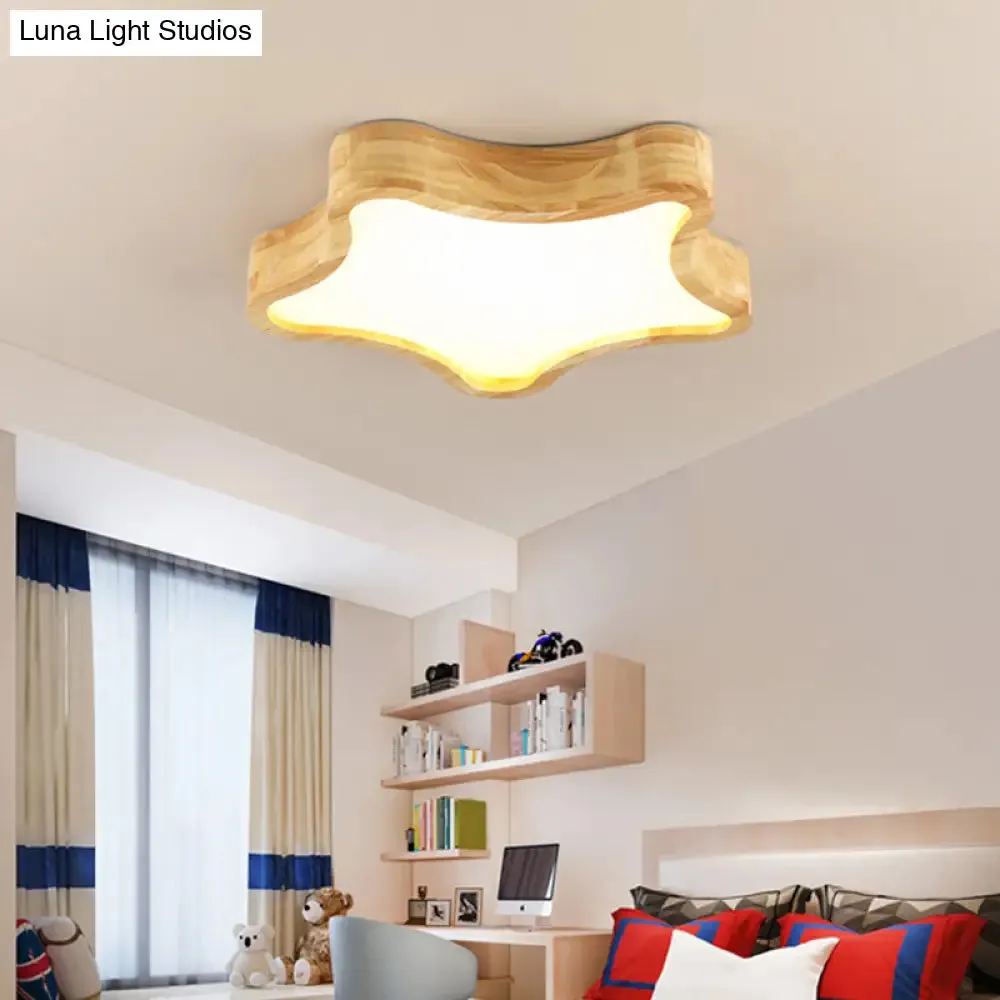 Contemporary LED Wood Flush Mount Ceiling Light with Star Wooden Shade - Perfect for Bedroom