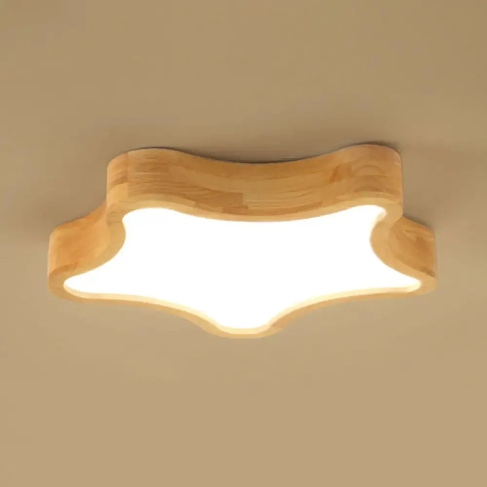 Contemporary LED Wood Flush Mount Ceiling Light with Star Wooden Shade - Perfect for Bedroom