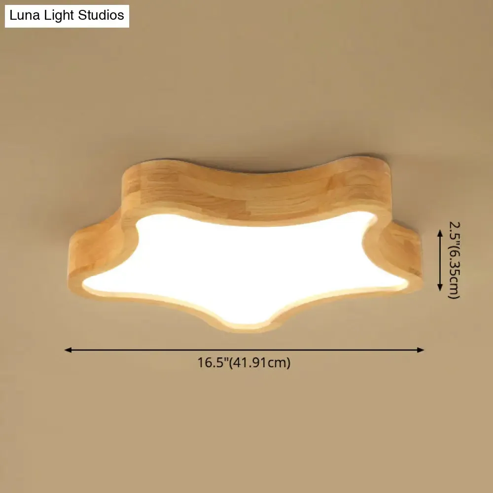 Contemporary LED Wood Flush Mount Ceiling Light with Star Wooden Shade - Perfect for Bedroom