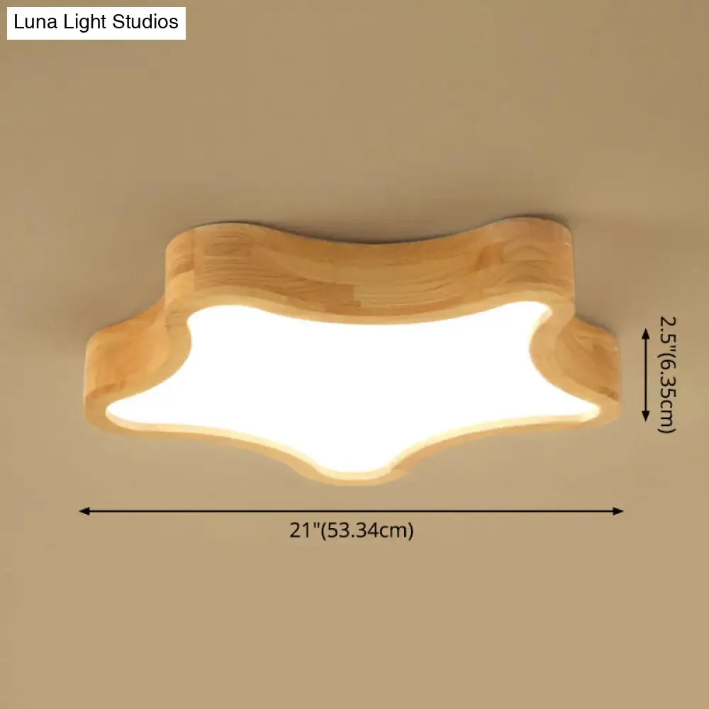 Contemporary LED Wood Flush Mount Ceiling Light with Star Wooden Shade - Perfect for Bedroom