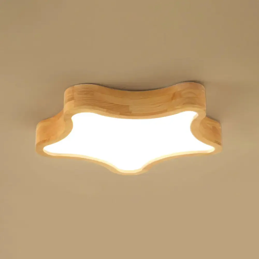 Contemporary LED Wood Flush Mount Ceiling Light with Star Wooden Shade - Perfect for Bedroom