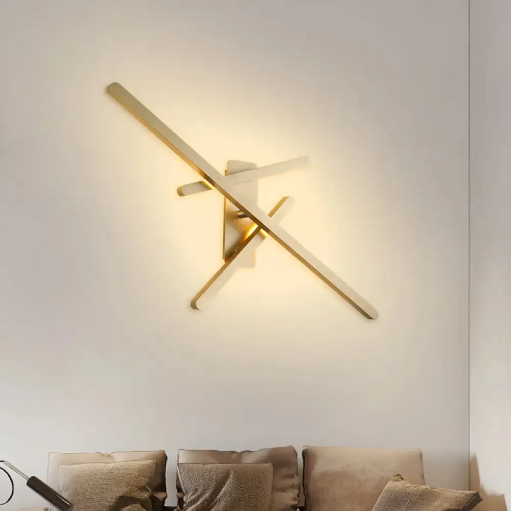 Contemporary Metallic LED Gold Wall Mount Light with Warm/White Light - Crossed Lines Design