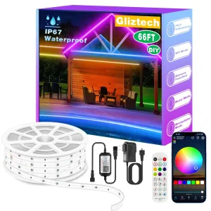 cozy Outdoor Led Strip Lights, IP67 Waterproof LED Light for Outside App Remote Control, RGB Music Sync Exterior Rope Light Strip for Pool, Patio, Deck, Christmas Lighting (66ft, RGB) 66' 66'