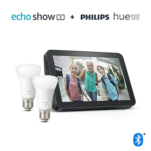 Echo Show 8, Charcoal Fabric   Philips Hue White Smart Bulb Twin Pack LED (E27) | Bluetooth & ZigBee compatible (no hub required)