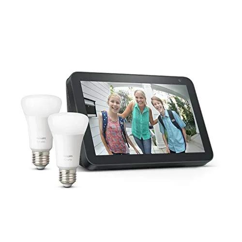 Echo Show 8, Charcoal Fabric   Philips Hue White Smart Bulb Twin Pack LED (E27) | Bluetooth & ZigBee compatible (no hub required)