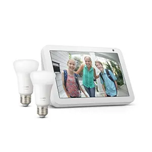 Echo Show 8, Sandstone Fabric   Philips Hue White Smart Bulb Twin Pack LED (E27) | Bluetooth & ZigBee compatible (no hub required)