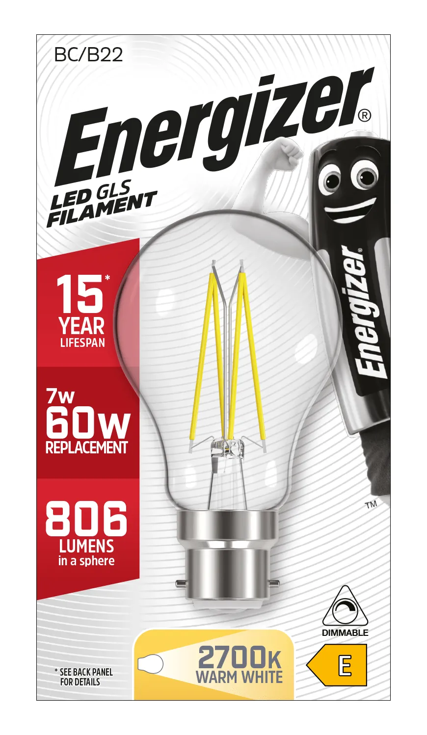 Energizer B22 Filament LED Warm White Lightbulb 60W