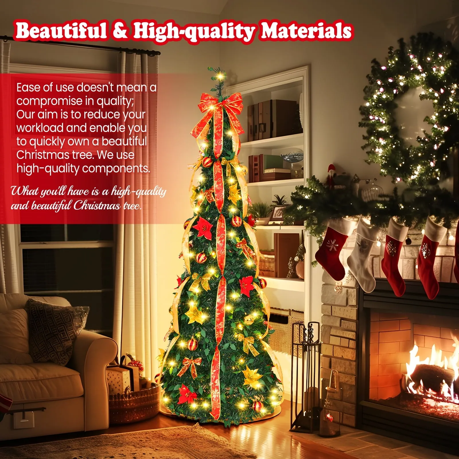 essential 6ft Prelit Pop Up Christmas Tree 150 LED 8 Modes Pre-Decorated Christmas Tree Collapsible Christmas Tree Warm White Light for Christmas Holiday Decoration Vine