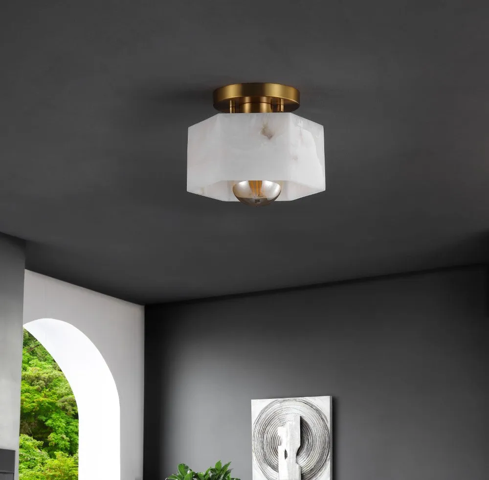 Etta 8" 1-Light Modern Contemporary Alabaster/Iron Hexagonal LED Semi Flush Mount