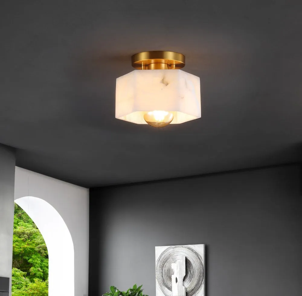 Etta 8" 1-Light Modern Contemporary Alabaster/Iron Hexagonal LED Semi Flush Mount