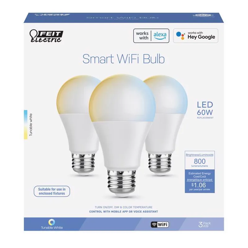 Feit A19 E26 (Medium) Smart-Enabled LED Bulb Adjustable White 60 Watt Equivalence 3 pk