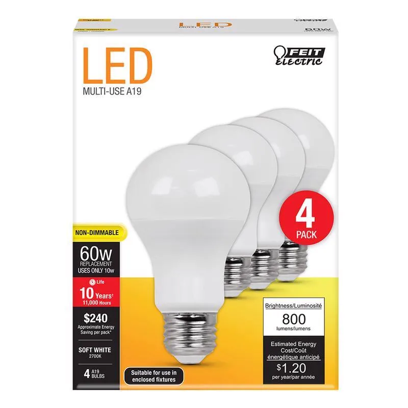 Feit LED A19 E26 (Medium) LED Bulb Soft White 60 Watt Equivalence 4 pk